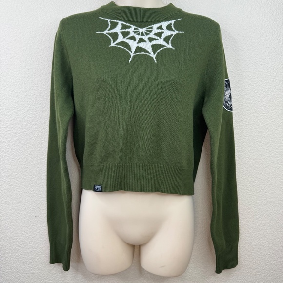 Zumie Lurking Class by Sketchy Tank Spider Web Green Crop Sweater Sz. Small S - Picture 2 of 12